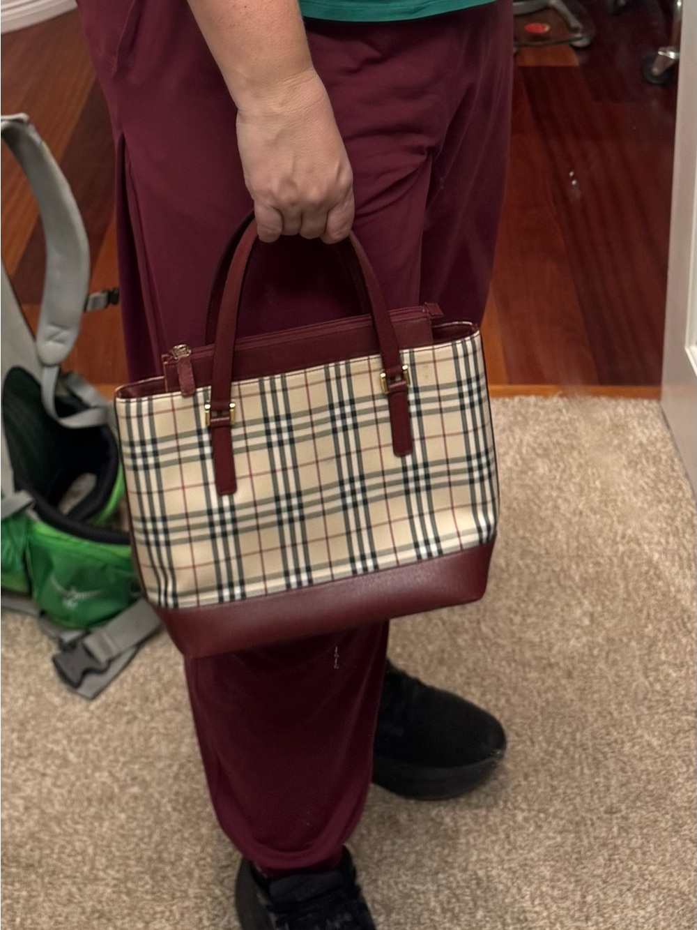 Burberry Beige Nova Check Tote with Burgundy Trim and Gold Hardware - Picture 14 of 14